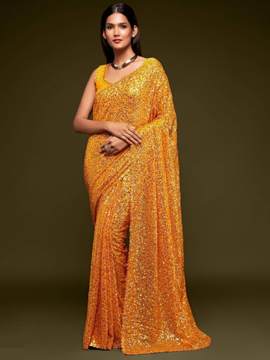 Yellow Fully Sequined Georgette Party Wear Saree